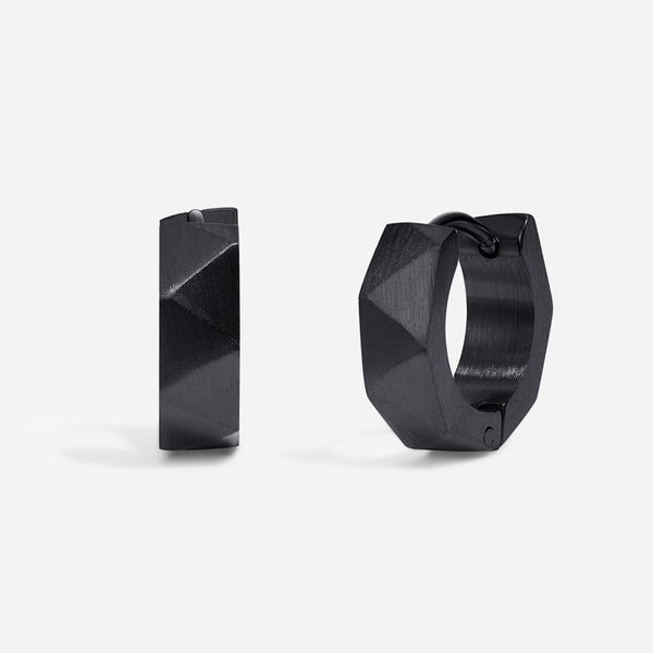 Stainless Steel Faceted Huggie Hoop Black Earring Pair