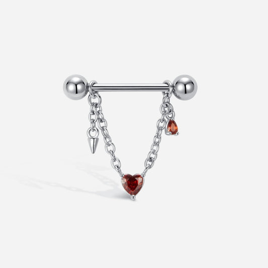 Titanium Threadless Red CZ Heart Chain Dangle Nipple Barbell - SkinKandy | Body Jewellery & Piercing Online Australia