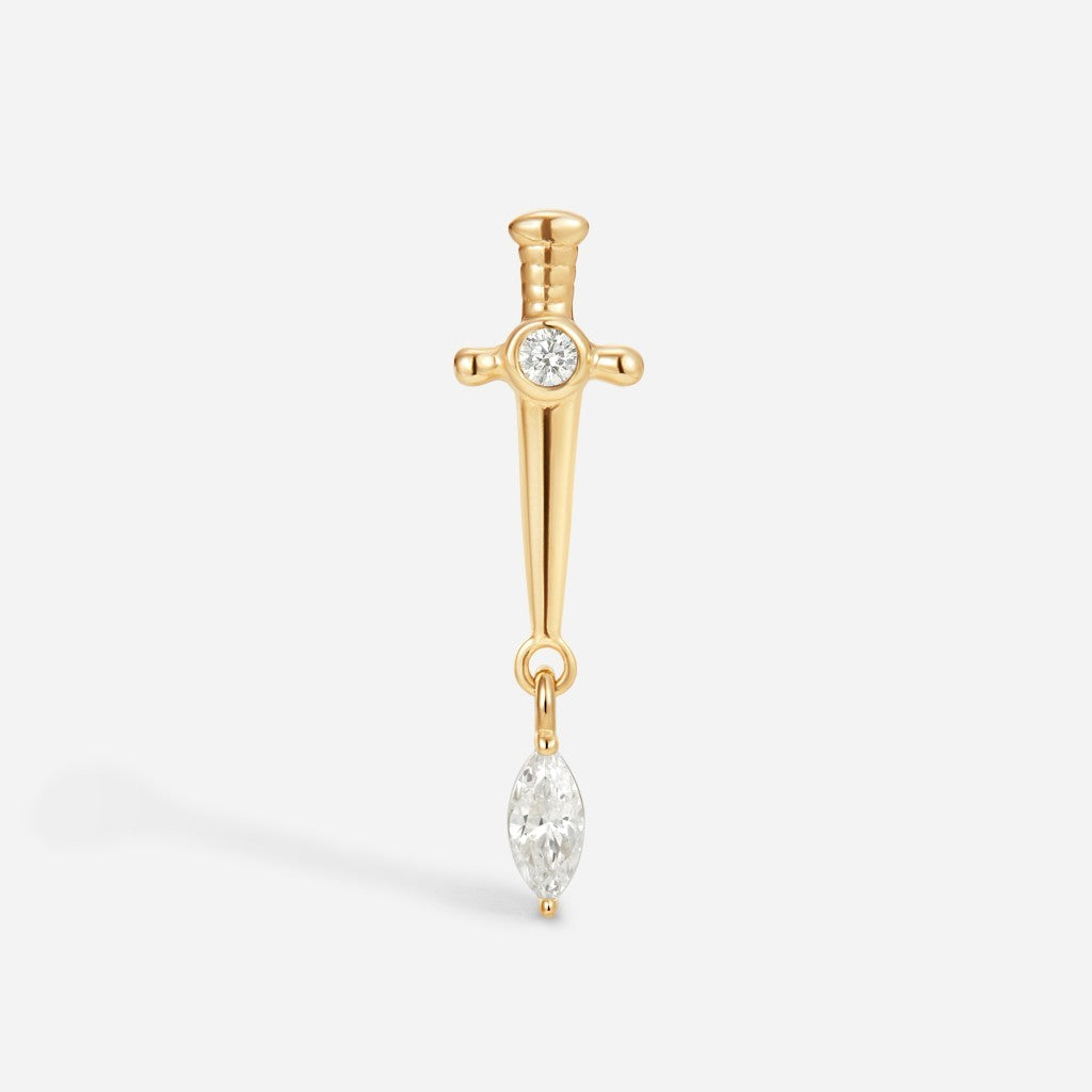 Gold sword dangle flatback stud featuring clear cubic zirconia accents and a marquise-cut gemstone charm in an internally threaded design.