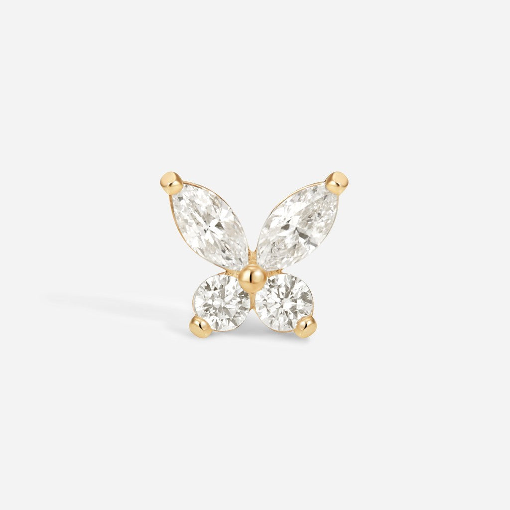 Gold butterfly flatback stud featuring marquise-cut and round clear cubic zirconia stones in a delicate symmetrical design.