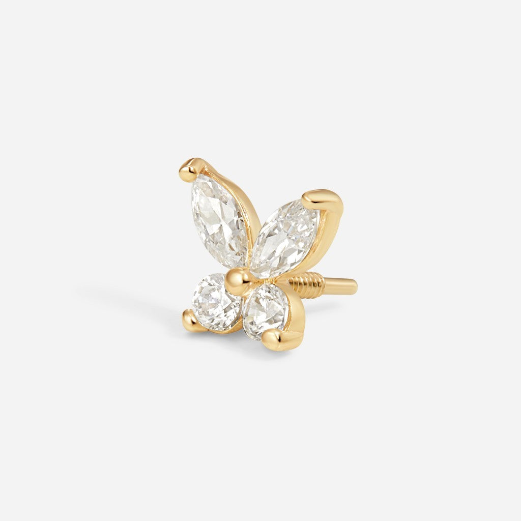 Gold butterfly flatback stud featuring marquise-cut and round clear cubic zirconia stones in a delicate wing-inspired design with internally threaded post.