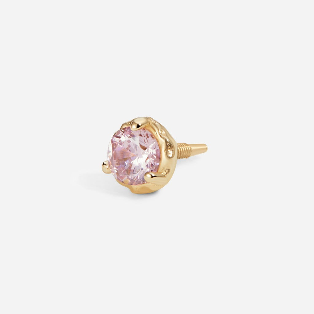 Gold bezel-set internally threaded flatback stud featuring a round pink cubic zirconia stone in a timeless minimalist design.