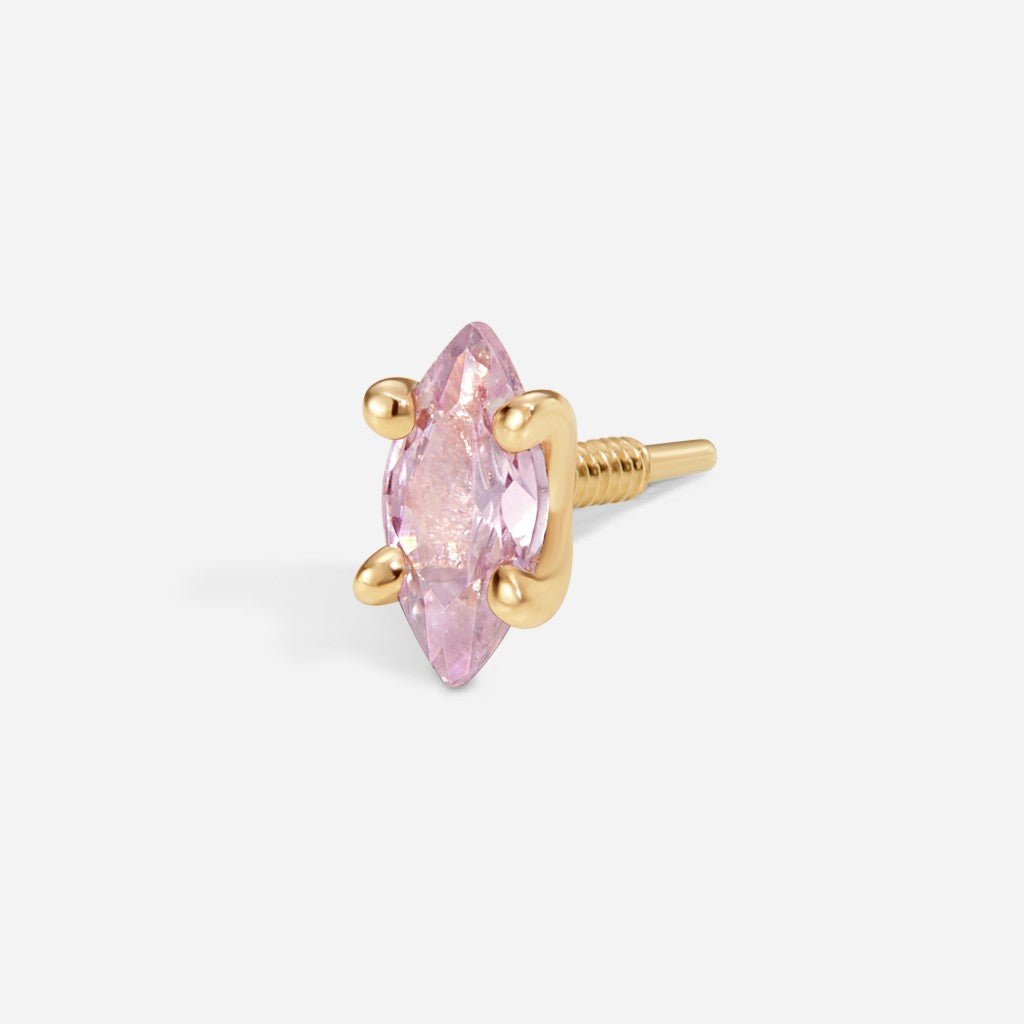 Gold marquise-cut pink cubic zirconia flatback stud with internally threaded fitting and elegant claw-set design.