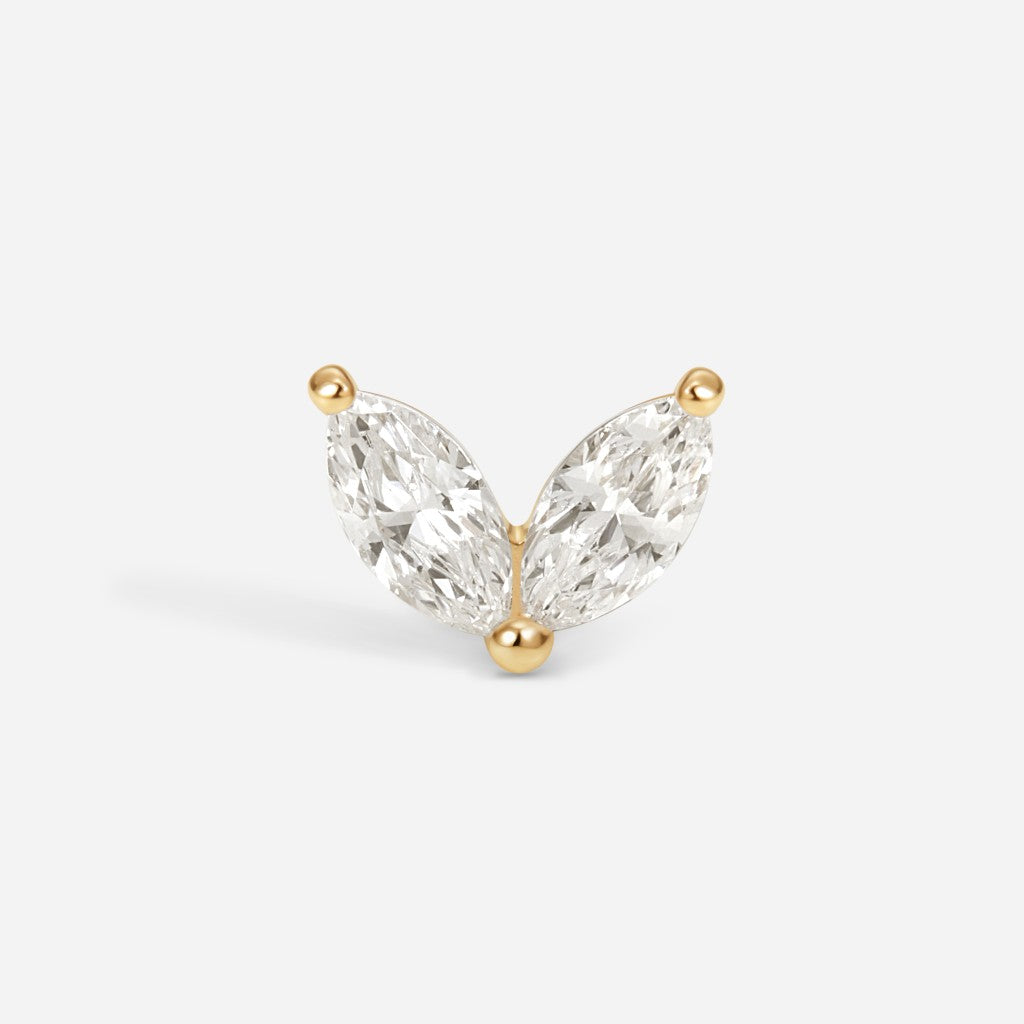 Gold titanium or surgical steel flatback stud with twin marquise clear cubic zirconia stones in butterfly-inspired V-shaped design.