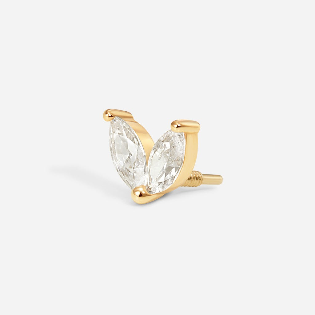Gold internally threaded flatback stud featuring twin marquise-cut clear cubic zirconia stones in a delicate butterfly-inspired design.