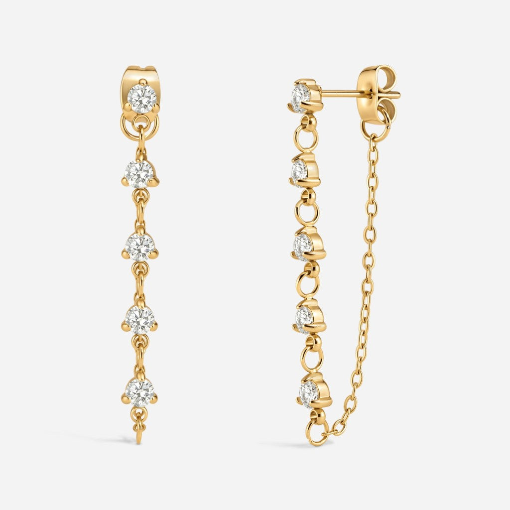 Gold stainless steel threadless cubic zirconia stud chain earring pair.
