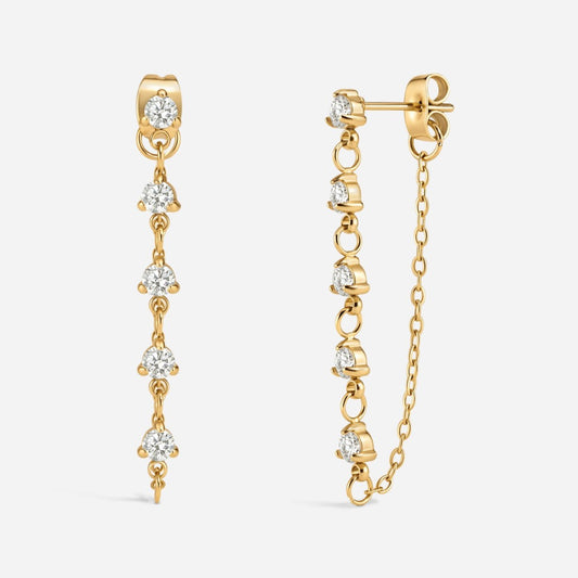 Gold stainless steel threadless cubic zirconia stud chain earring pair.
