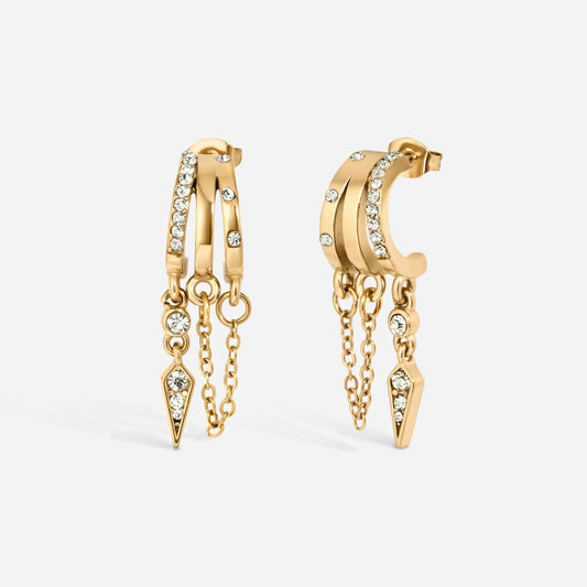 Gold stainless steel threadless cubic zirconia triple drop chain stud earring pair.
