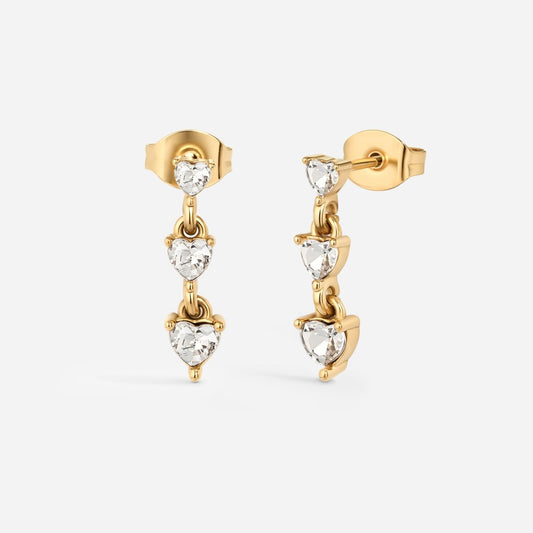 Gold stainless steel cubic zirconia triple heart stud earring pair.
