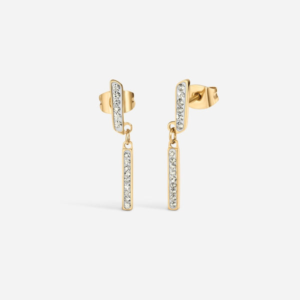 Stainless Steel Threadless Cubic Zirconia Paved Bar Dangle Stud Earring