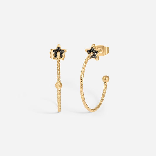 Gold and black tone stainless steel threadless preciosa hematite star hoop stud earring pair.

