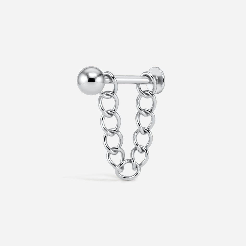 Platinum stainless steel externally threaded ball with chain flatback.
