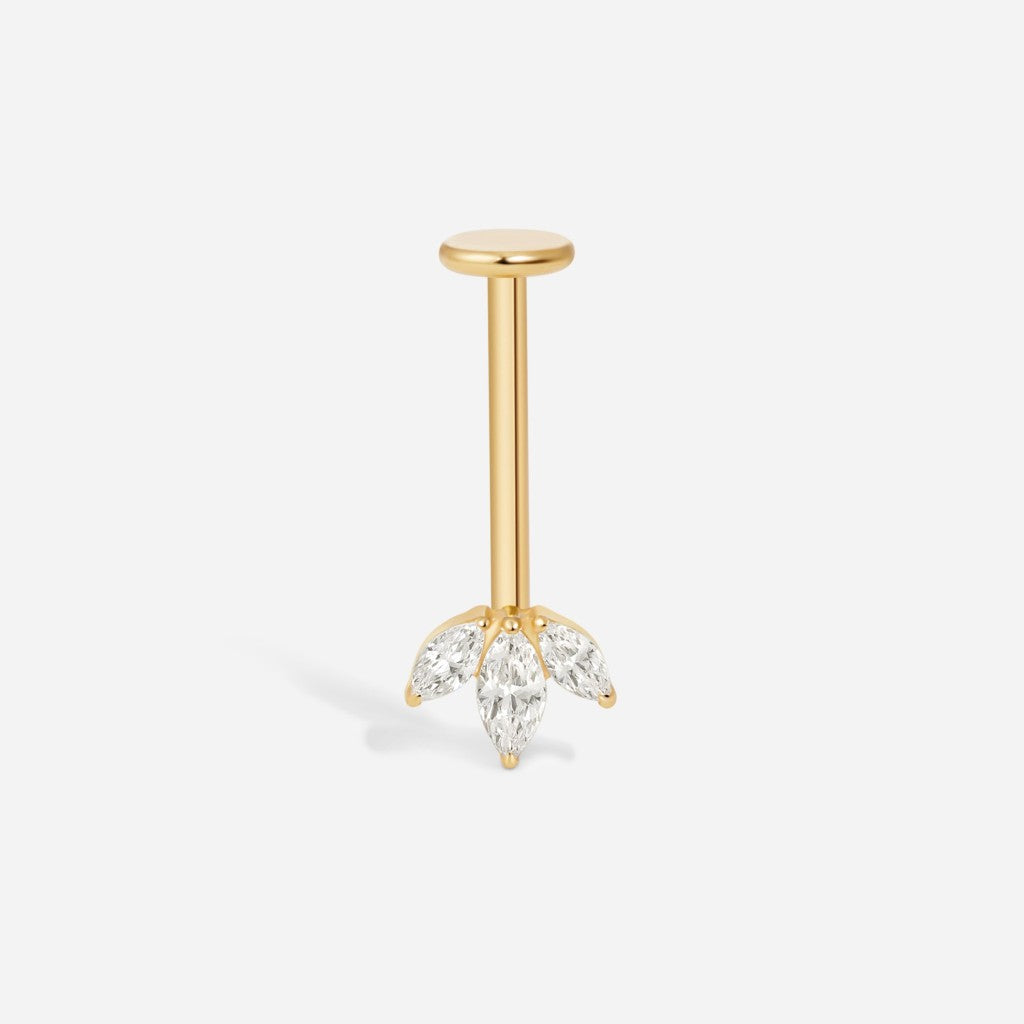 Gold titanium internally threaded cubic zirconia triple marquise flatback.

