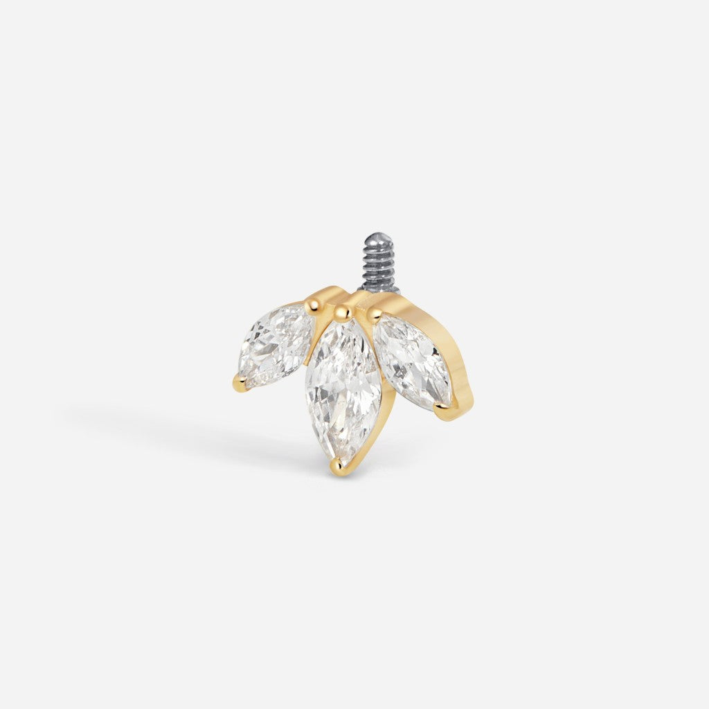 Gold titanium internally threaded cubic zirconia triple marquise piercing top.
