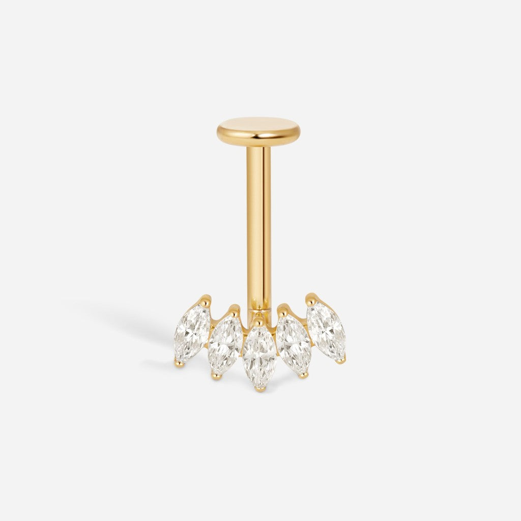 Gold titanium internally threaded cubic zirconia five marquise flatback.
