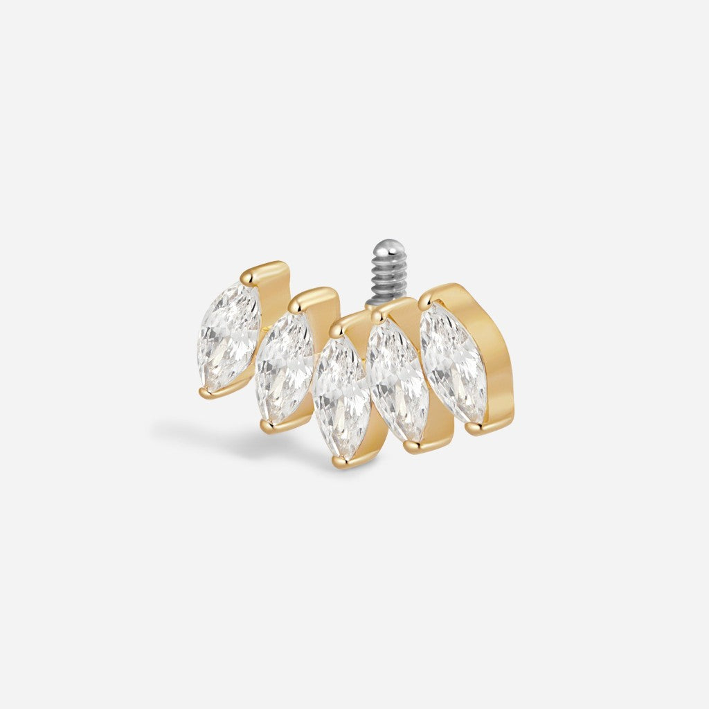 Gold titanium internally threaded cubic zirconia five marquise piercing top.
