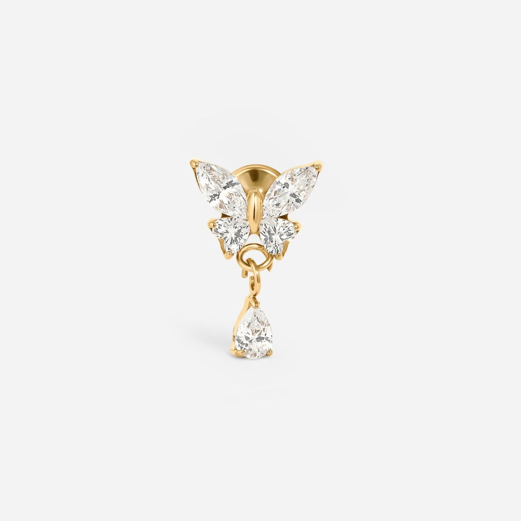 Gold titanium internally threaded cubic zirconia butterfly teardrop dangle flatback.
