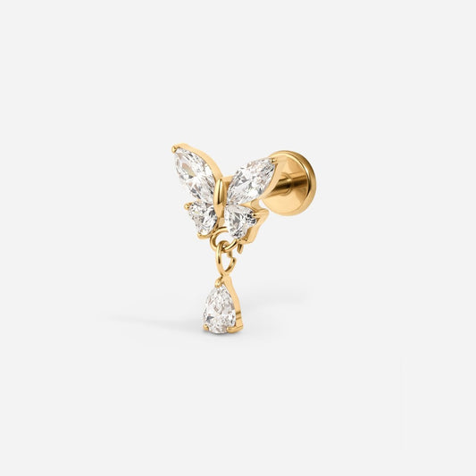 Gold titanium internally threaded cubic zirconia butterfly teardrop dangle flatback.
