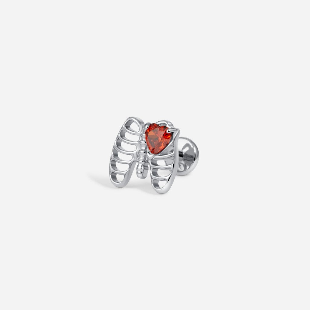 Platinum titanium internally threaded cubic zirconia cage heart flatback.
