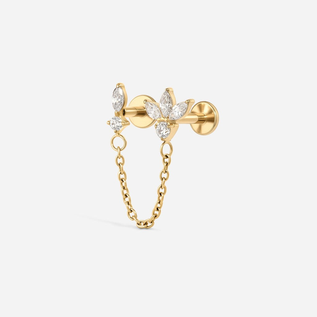 Gold titanium internally threaded cubic zirconia double marquise chain flatback.
