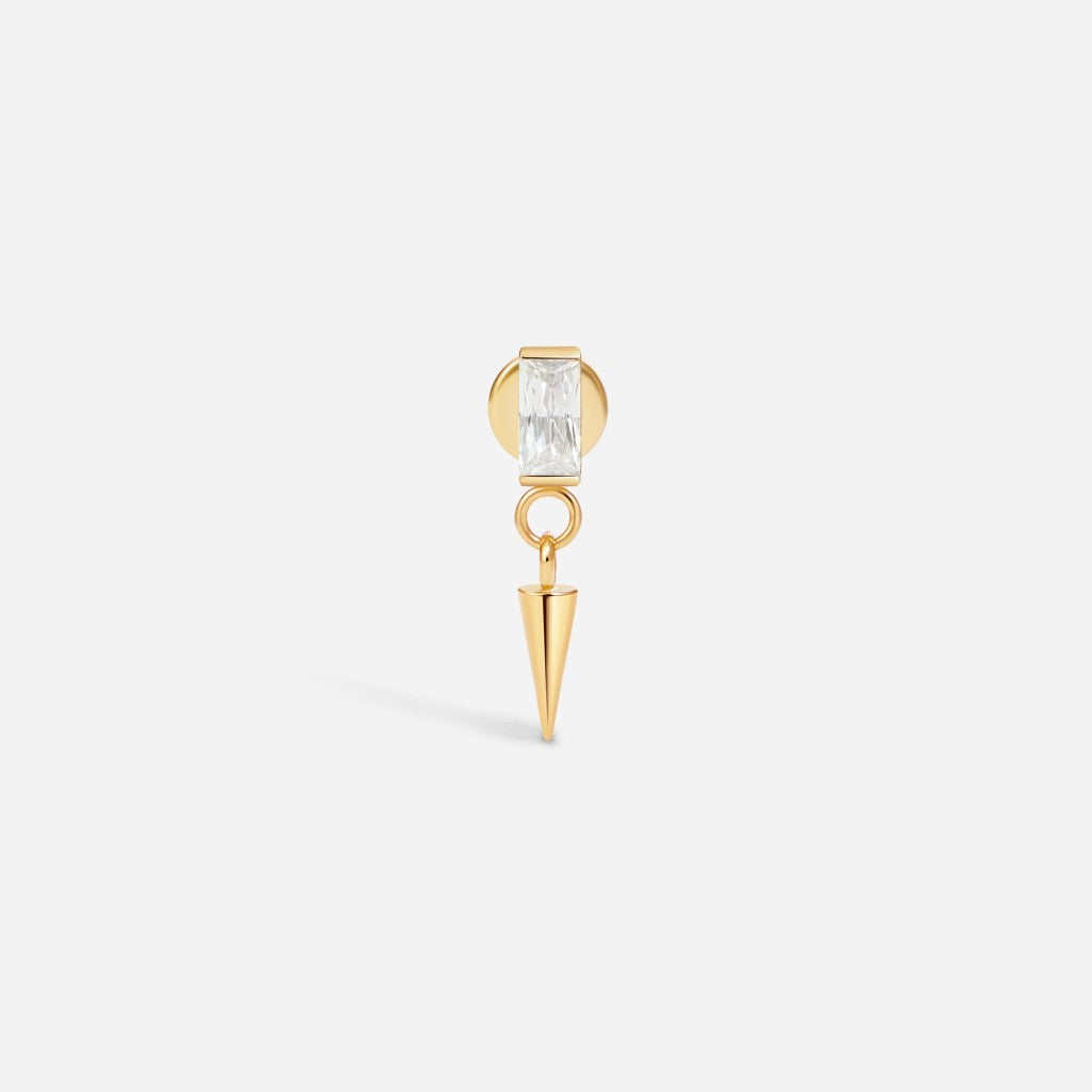 Gold titanium internally threaded cubic zirconia rectangle dangle spike flatback.
