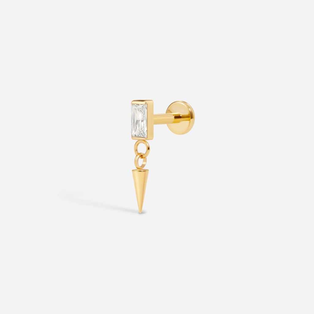 Gold titanium internally threaded cubic zirconia rectangle dangle spike flatback.
