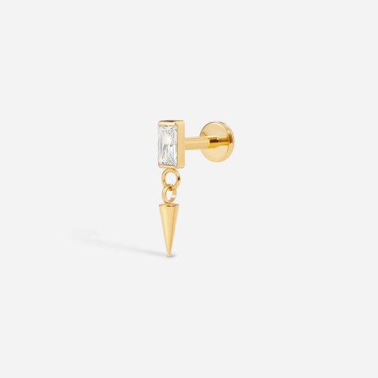 Gold titanium internally threaded cubic zirconia rectangle dangle spike flatback.
