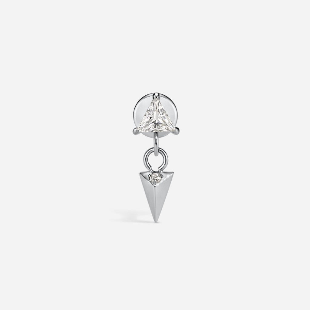 Silver titanium internally threaded cubic zirconia triangle spike dangle flatback.
