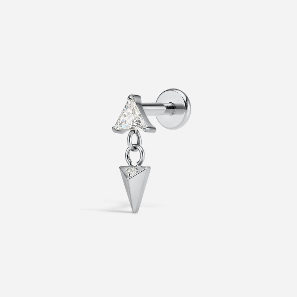 Silver titanium internally threaded cubic zirconia triangle spike dangle flatback.
