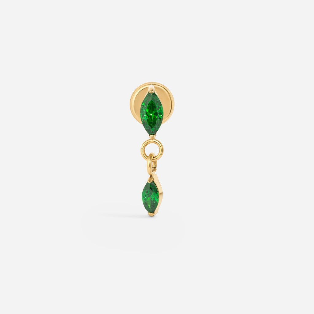 Gold titanium internally threaded green cubic zirconia oval dangle flatback.
