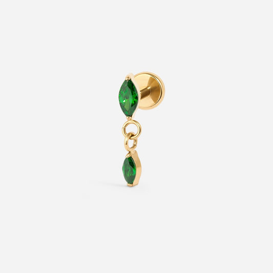 Gold titanium internally threaded green cubic zirconia oval dangle flatback.
