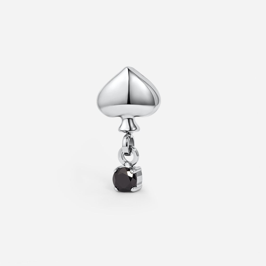 Silver and black tone titanium internally threaded black heart dangle flatback.

