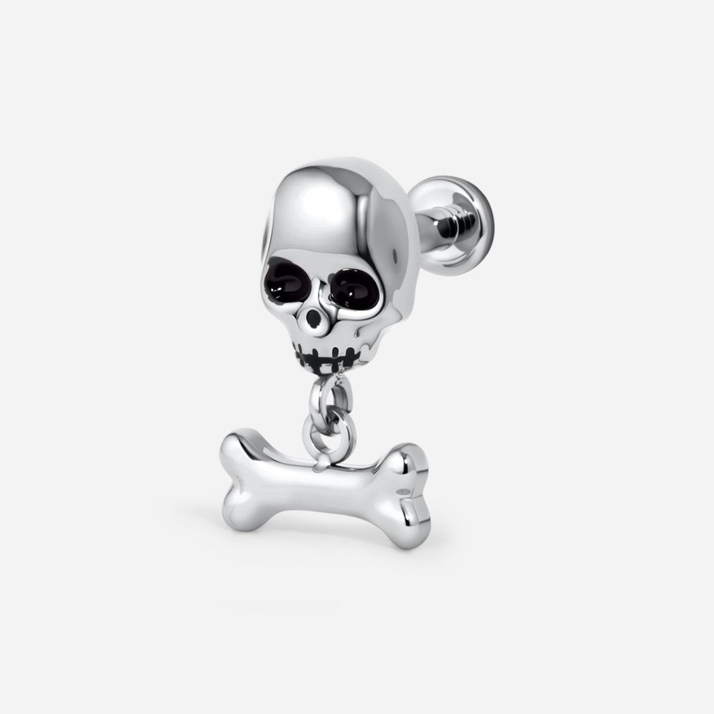 Silver titanium internally threaded skull bone dangle flatback.
