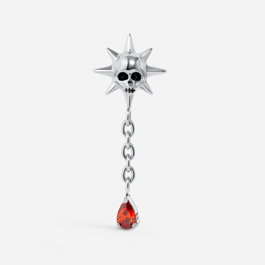 Silver and black tone titanium internally threaded red cubic zirconia skull sun teardrop dangle flatback.
