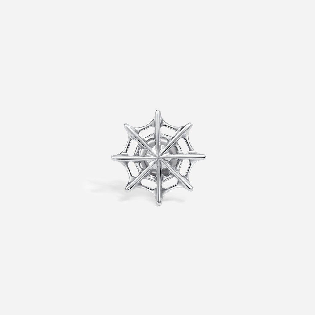 Silver titanium internally threaded spider web flatback.
