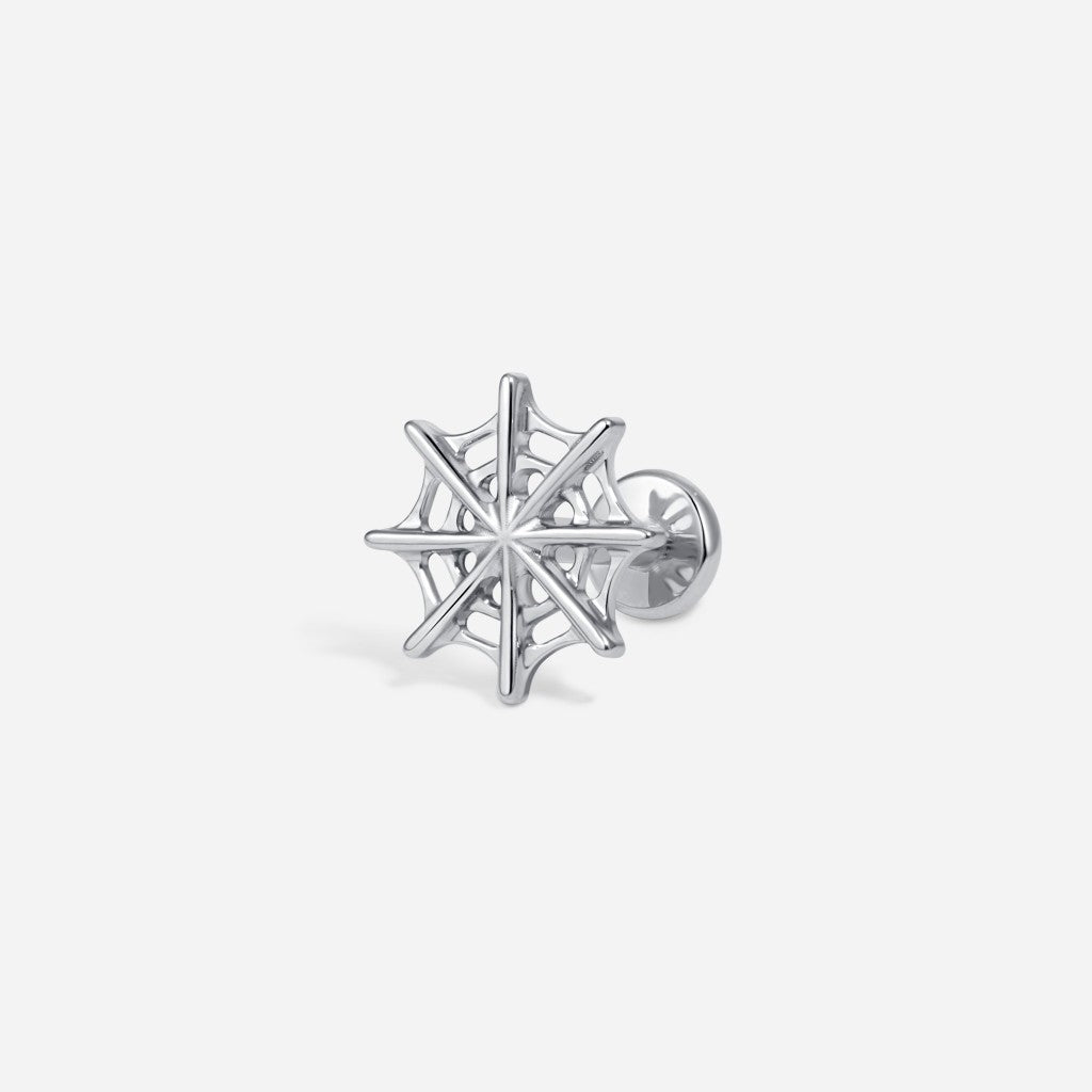 Silver titanium internally threaded spider web flatback.
