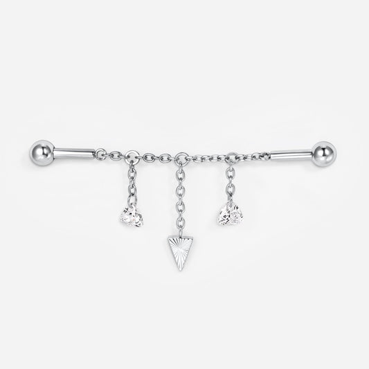 Implant Grade Titanium Internally Threaded Cubic Zirconia Three Pendant Chain Industrial Barbell - SkinKandy | Body Jewellery & Piercing