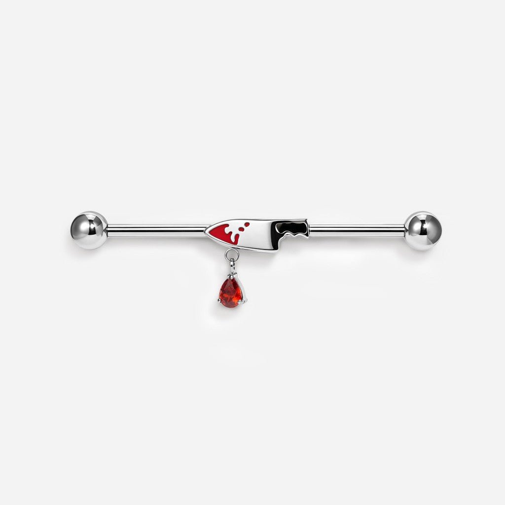 Implant Grade Titanium Internally Threaded Red Cubic Zirconia Knife Dangle Industrial Barbell - SkinKandy | Body Jewellery & Piercing