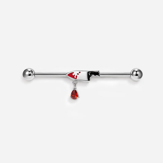 Implant Grade Titanium Internally Threaded Red Cubic Zirconia Knife Dangle Industrial Barbell - SkinKandy | Body Jewellery & Piercing