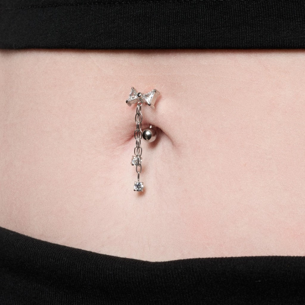 316L Stainless Steel Internally Threaded Cubic Zirconia Bow Chain Reverse Navel Bar - SkinKandy | Body Jewellery & Piercing