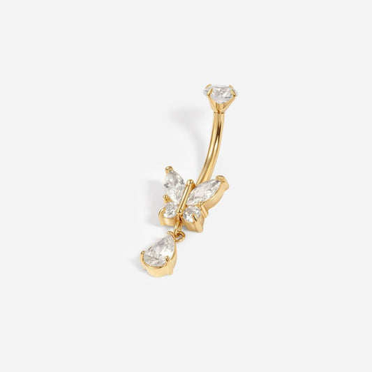 316L Stainless Steel Internally Threaded Cubic Zirconia Butterfly Dangle Teardrop Navel Bar - SkinKandy | Body Jewellery & Piercing