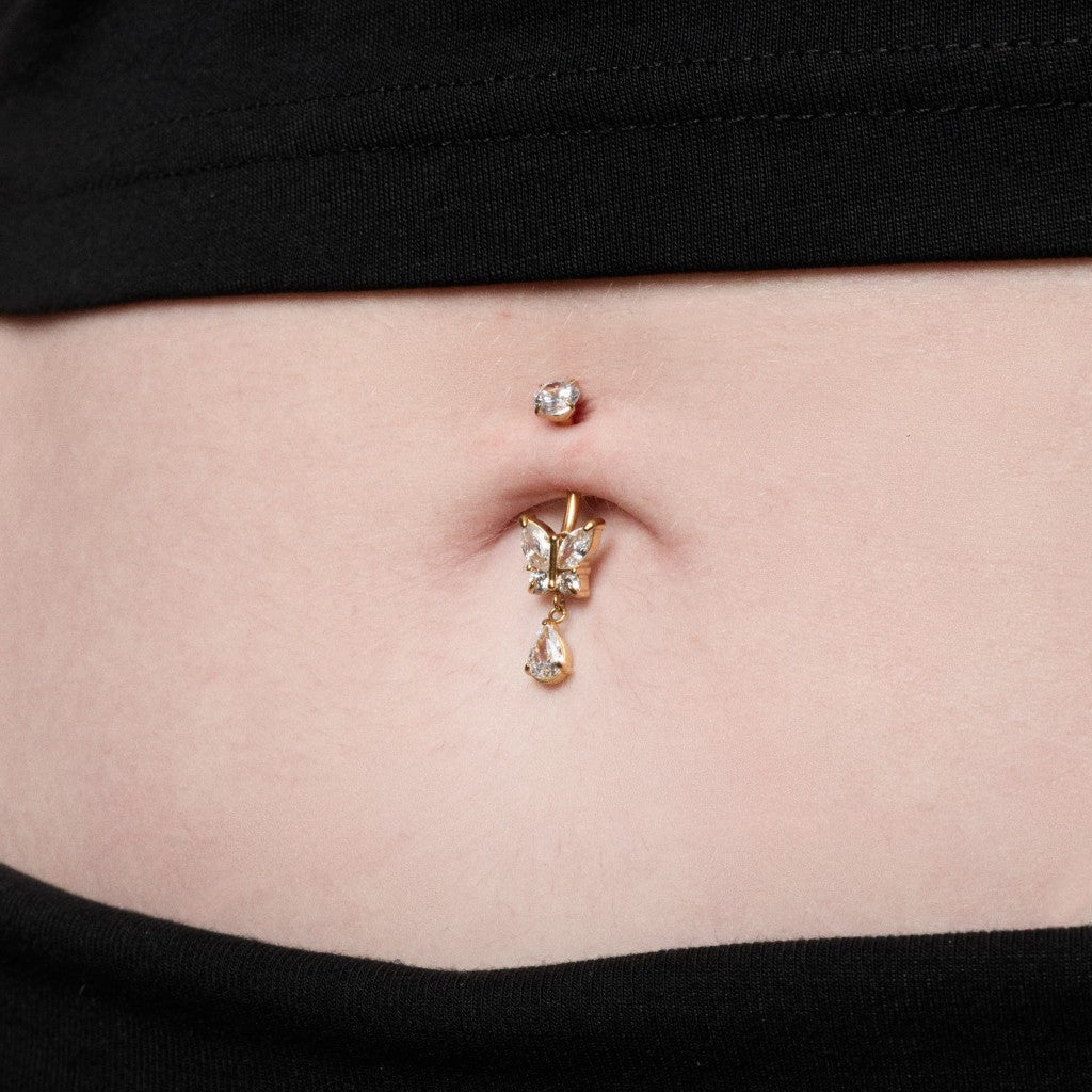 316L Stainless Steel Internally Threaded Cubic Zirconia Butterfly Dangle Teardrop Navel Bar - SkinKandy | Body Jewellery & Piercing