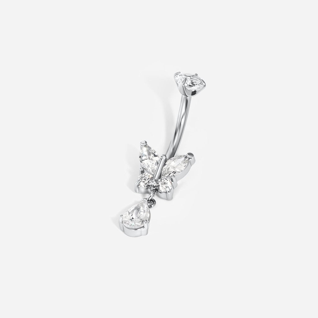 316L Stainless Steel Internally Threaded Cubic Zirconia Butterfly Dangle Teardrop Navel Bar - SkinKandy | Body Jewellery & Piercing