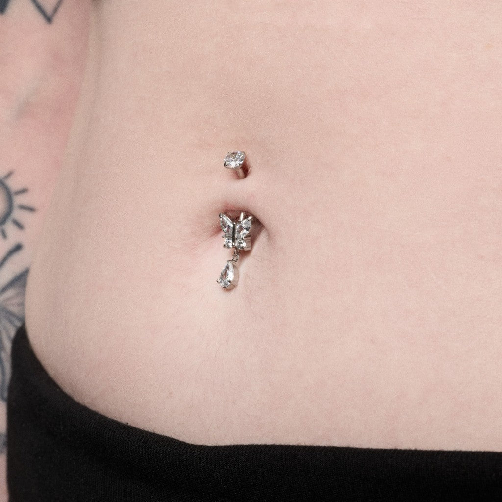 316L Stainless Steel Internally Threaded Cubic Zirconia Butterfly Dangle Teardrop Navel Bar - SkinKandy | Body Jewellery & Piercing