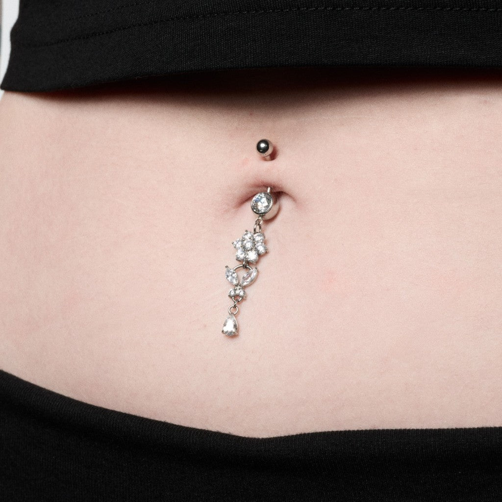 316L Stainless Steel Internally Threaded Cubic Zirconia Flower Butterfly Navel Dangle - SkinKandy | Body Jewellery & Piercing