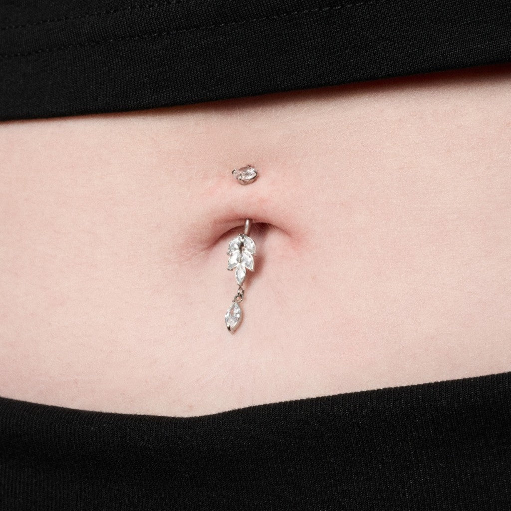 316L Stainless Steel Internally Threaded Cubic Zirconia Leaf Navel Bar - SkinKandy | Body Jewellery & Piercing