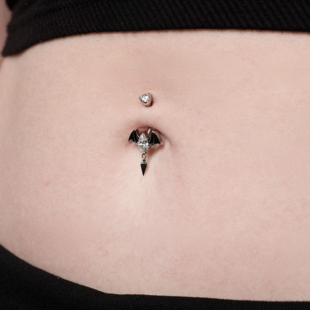 Implant Grade Titanium Internally Threaded Cubic Zirconia Gothic Bat Dangle Spike Navel Bar - SkinKandy | Body Jewellery & Piercing