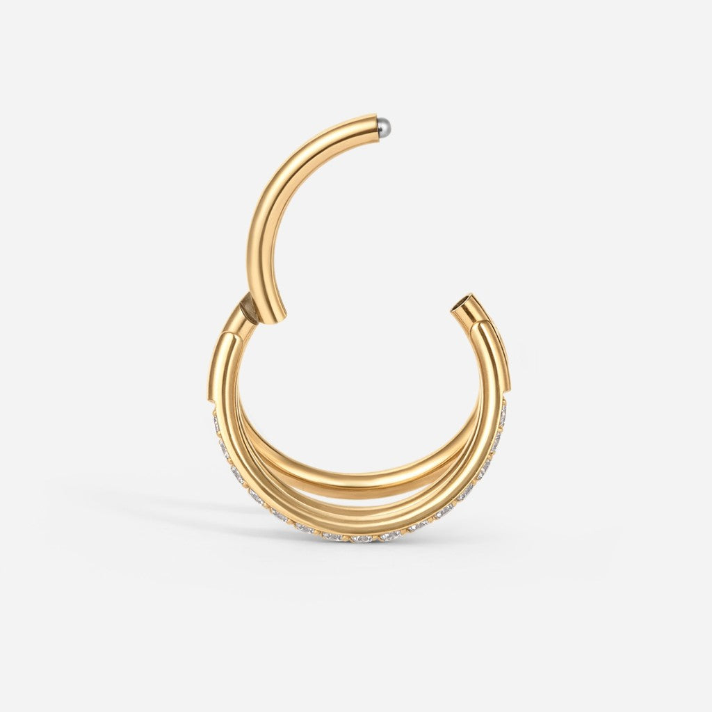 Gold titanium cubic zirconia triple hoop segment ring.
