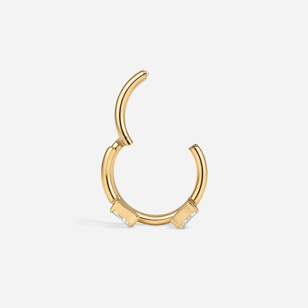 Gold titanium hinged double cubic zirconia segment ring.
