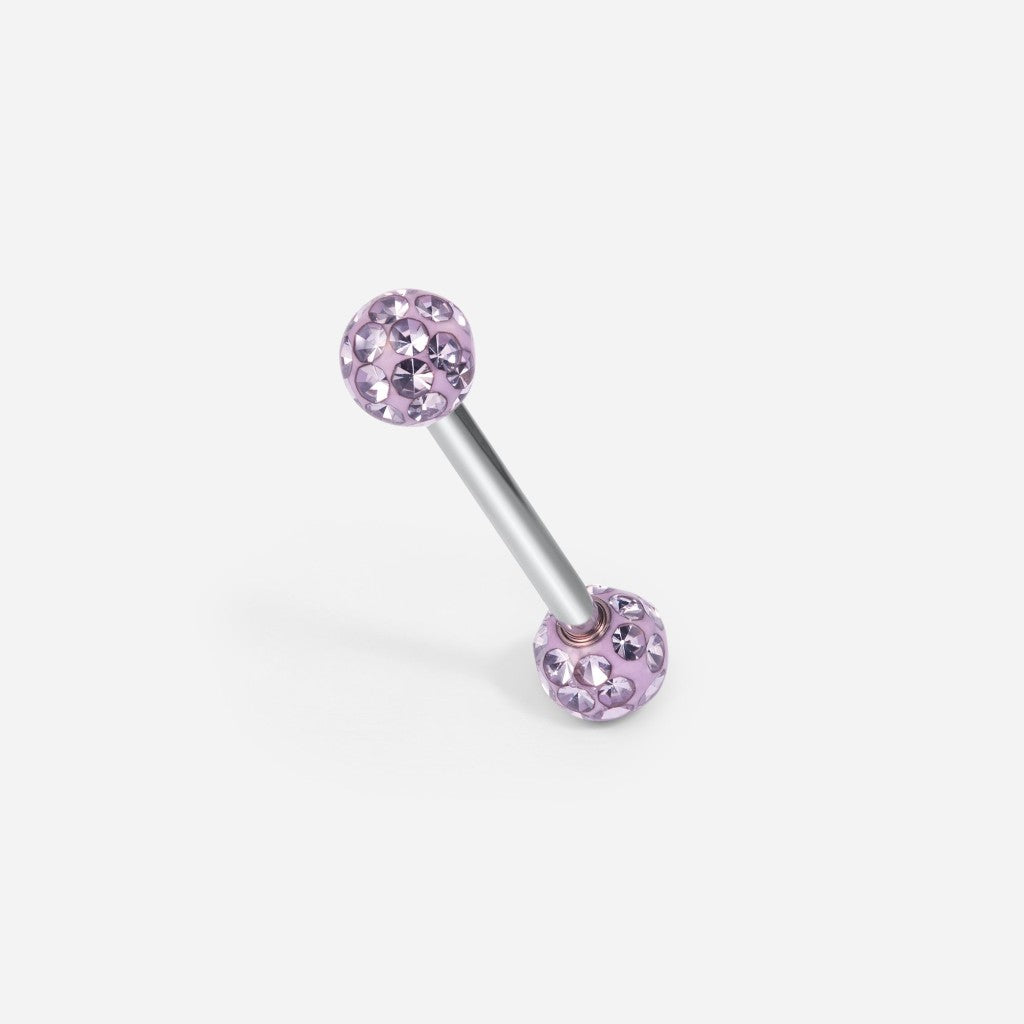 Silver tone/purple titanium externally threaded porcelain ball tongue barbell.
